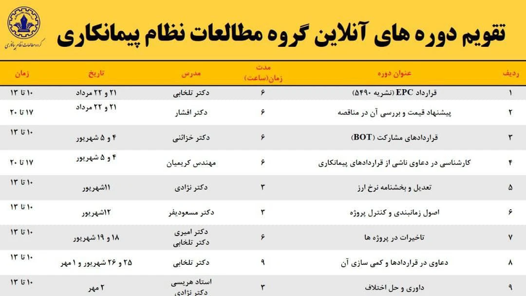 تقویم دوره‌های آنلاین گروه مطالعات نظام پیمانکاری